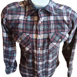 Small Vintage Plaid WoolFlannel Shirt Quilted Collar Lining 1970's Lumberjack